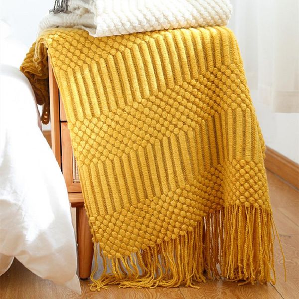 

nordic knitted throw blanket with tassel sofa blanket bedspread travel soft yellow navy blue