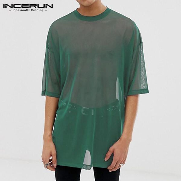 

men mesh t shirt transparent short sleeve round neck casual tees breathable 2020 streetwear fashion solid t-shirts s-5xl incerun1, White;black