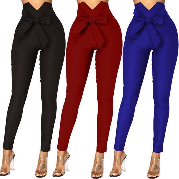 

women fashion high waist casual pants fashion ladies bowknot long slim skinny pants bandage elastic pencil trousers with sashes1, Black;white