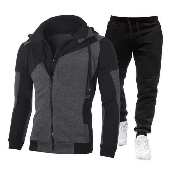 

new casual hooded men's color matching plush sports leisure suit, Gray