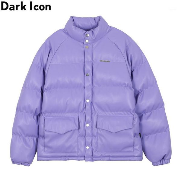 

dark pu leather cotton padded parkas men women 2020 winter outwear drop shoulder warm coats street fashion couple clothing1, Black