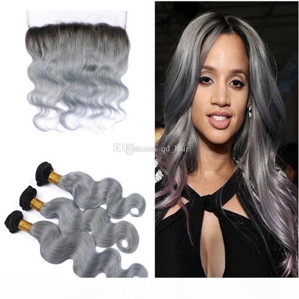 

dark roots ear to ear full lace frontal with ombre color brazilian 1b grey body wave human hair bundles with lace frontal 13x4, Black;brown