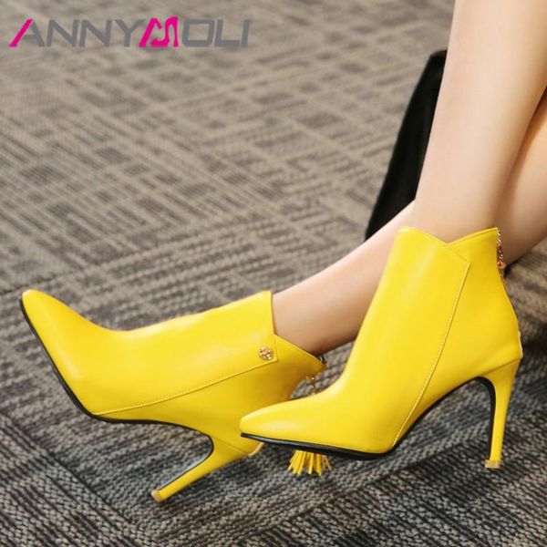 

annymoli winter ankle boots women boots fringe thin heels short zipper extreme high heel shoes ladies autumn big size 3-12, Black