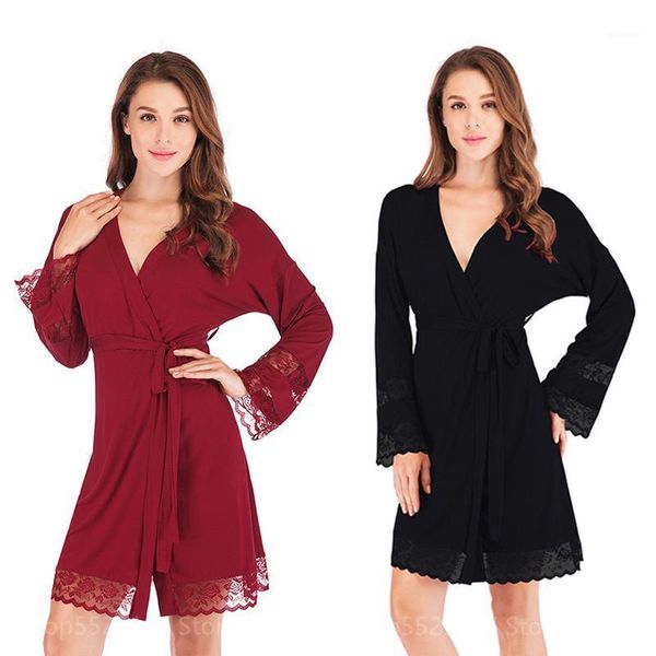

bridesmaid robes women tracksuits cotton pajamas lace hollow out dress female loose robe full sleeve v-neck soft nightgowns1, Black;red