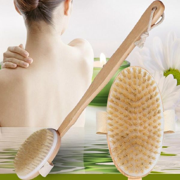 

dry skin body brush with long detachable non-slip handle 100% natural bristle bath shower brush blood circulation & exfoliation eea50