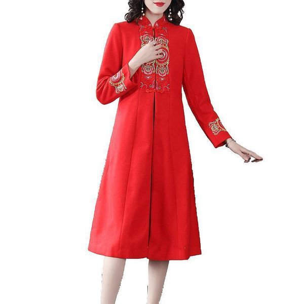 

autumn and winter european american buckle retro embroidery warm woolen coat woman 201102, Black