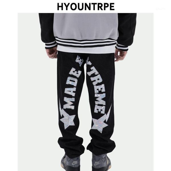 

high street letter star patchwork denim pants mens straight zipper jeans trouser hip hop streetwear new casual joggers pants1, Black