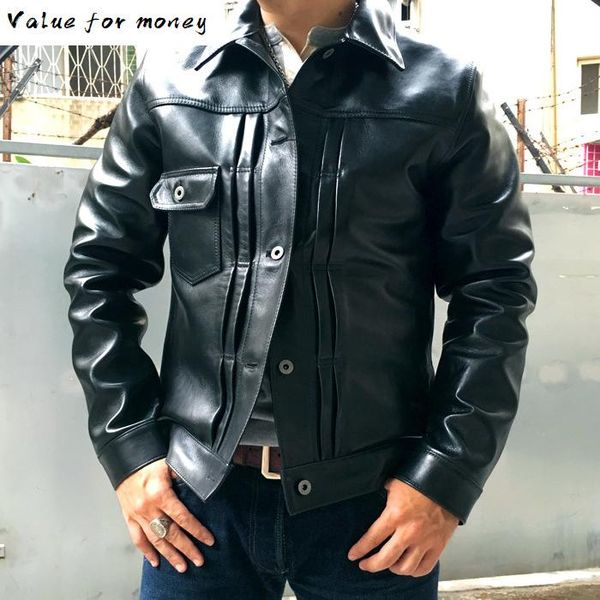 

shipping.607xx leather coat,man genuine leather jacket,thick fashion men's slim cool horsehide jacket.classic japan, Black