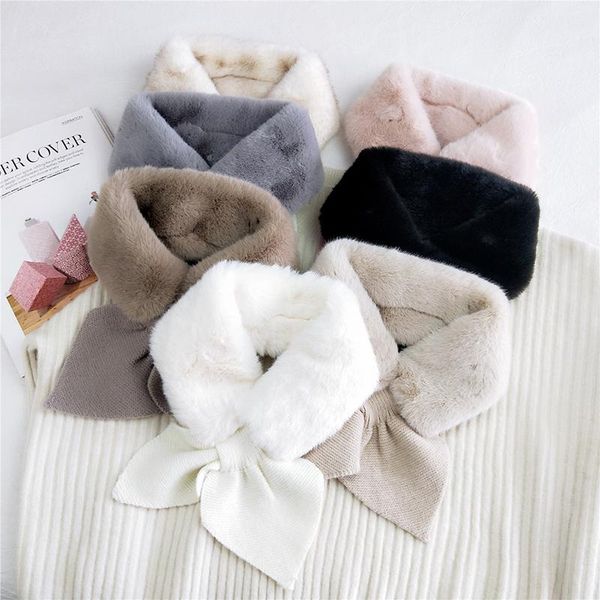 

scarves autumn winter warm plush scarf long skinny knitted wool female heart cross faux fur collar neck warmer, Blue;gray