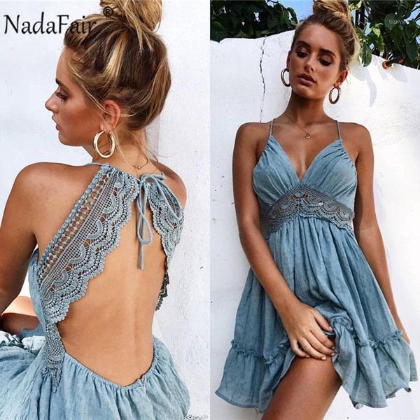 

nadafair lace summer dress women spaghetti strap a-line v neck backless party mini beach dress1, Black;gray