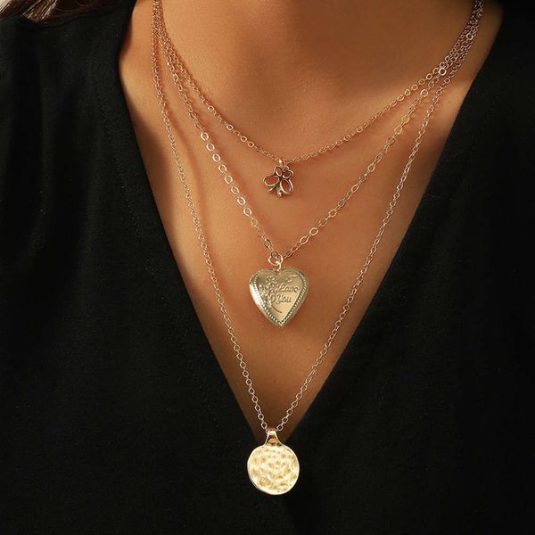 

love new fashion personality peach heart multi-layer necklace women's disc jewelry pendant butterfly simple, Silver