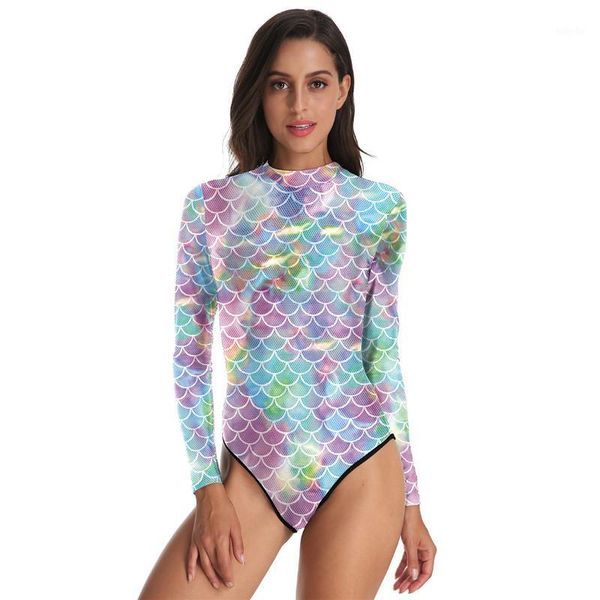 

mermaid print long sleeve zipper one piece bathing suit summer high cut bodysuits monokini beach lady tight bikini 20191, White;black