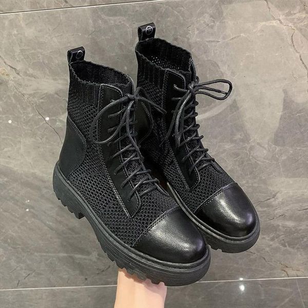 

women mesh ankle boots autumn winter thick platform girls short boots ladies shoes lace up woman casual fashion shoe 2020 new, Black