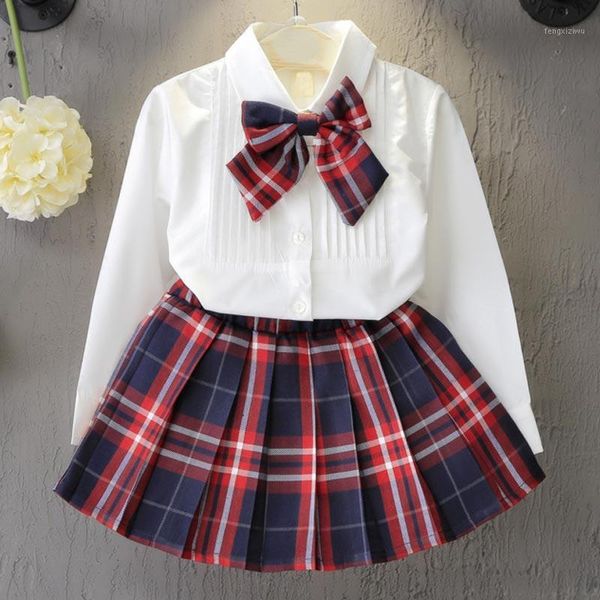

new christmas outfits girls clothing sets casual girls dress set shirt plaid knot tie plaid mini skirt 3 pcs set suits1, White