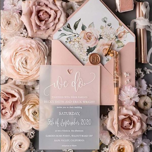 

Frosted Acrylic Wedding Invitations With Laser Heart Cut,Birthday,Menu Card Flap Pocket Envelope Flower