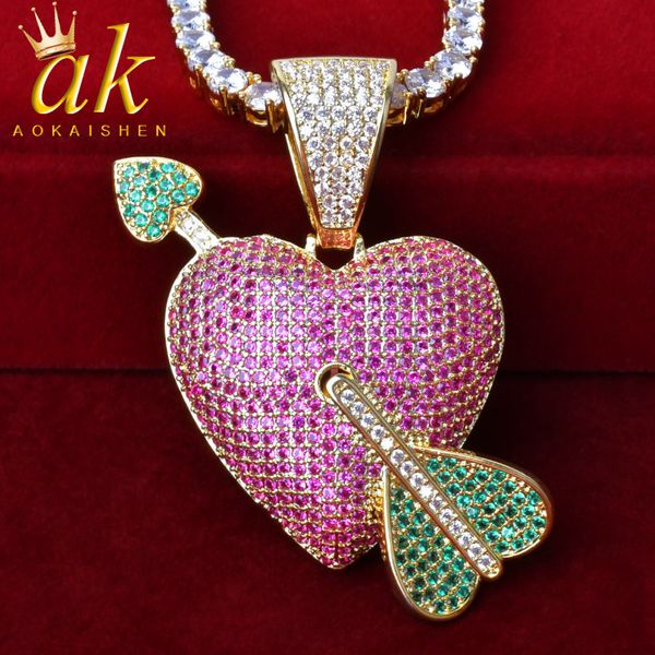 

purple color heart with red arrow pendan tcubic zircon necklace tennis chain for men&women hip hop jewelry q1209, Bronze;silver