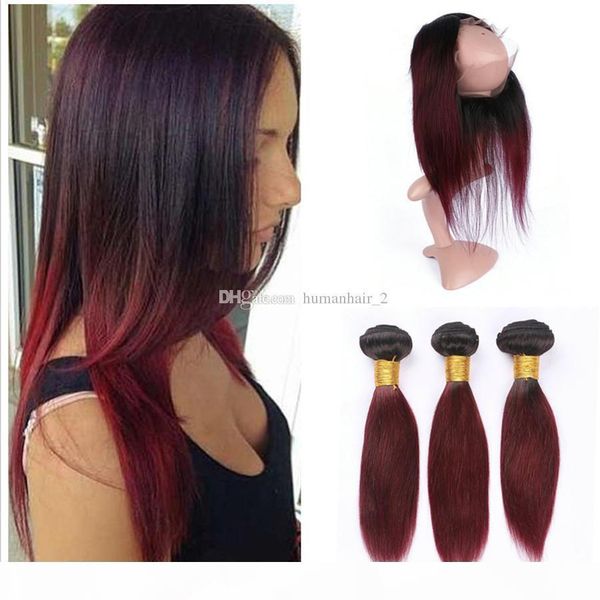 

malaysian virgin human hair 3 bundles with 360 lace frontal closure two tone 1b wine red ombre hair with 360 lace frontals 4pcs, Black;brown