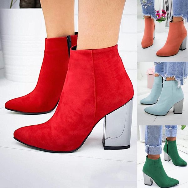 

winter boots women high heel flock solid ankle boots shoes woman with heel pointed toe zipper casual leisure shoes, Black
