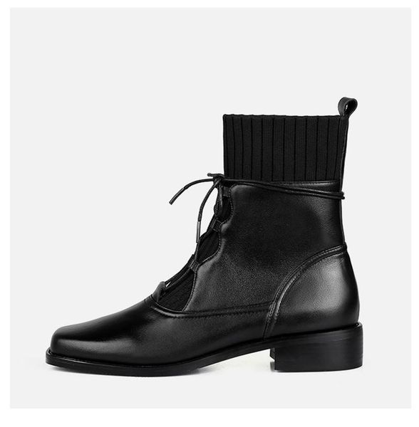 

boots 's boots college retro 2020 autumn winter genuine leather square toe thick heel lace-up casual women's1, Black