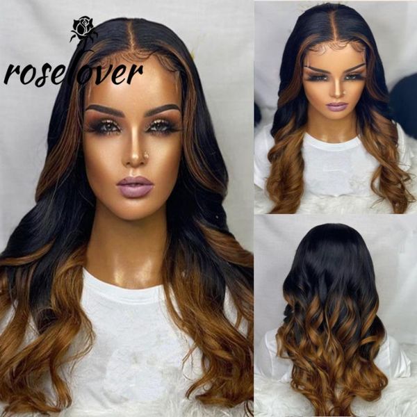 

ombre honey blonde colored body wave hair pre plucked deep part lace human hair wigs ombre brazilian remy wig for black women, Black;brown