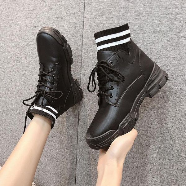 

stripes knitting stretch sock boots women platform shoes chic thicken soled short botas british spandex lace up riding boots20201, Black