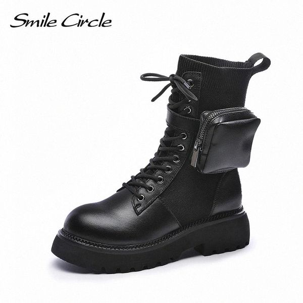 

smile circle genuine leather boots women fashion chunky high heels ladies short boots shoes autumn winter boots #uk1j, Black