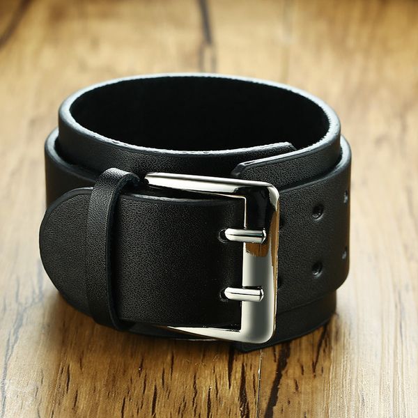 

vnox 45.5mm width belt design adjustable chunky wrap bracelet for men wrist band genuine leather male simple casual jewe, Black;brown