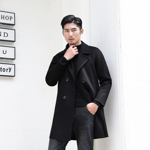 

men's wool & blends handmade double faced woolen coat autumn medium length suit collar business man, Black