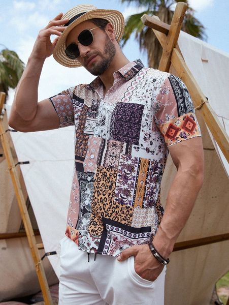

men floral print button through shirt 73at#, White;black