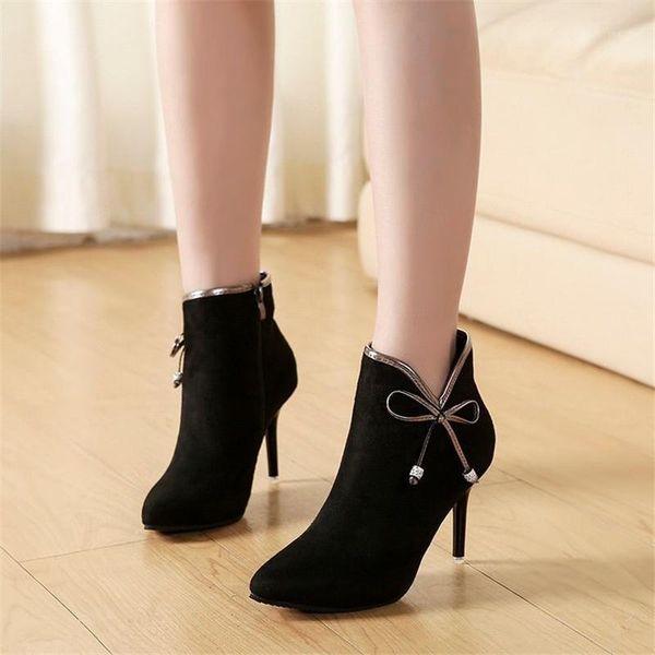 

boots bow high heels women pointed toe ankle womens fur booties flock fashion shoes arrival party boot for girls1, Black