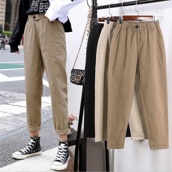 

women pants beige high waist casual loose harem pant women korean pencil trousers cargo pants streetwear 201012, Black;white