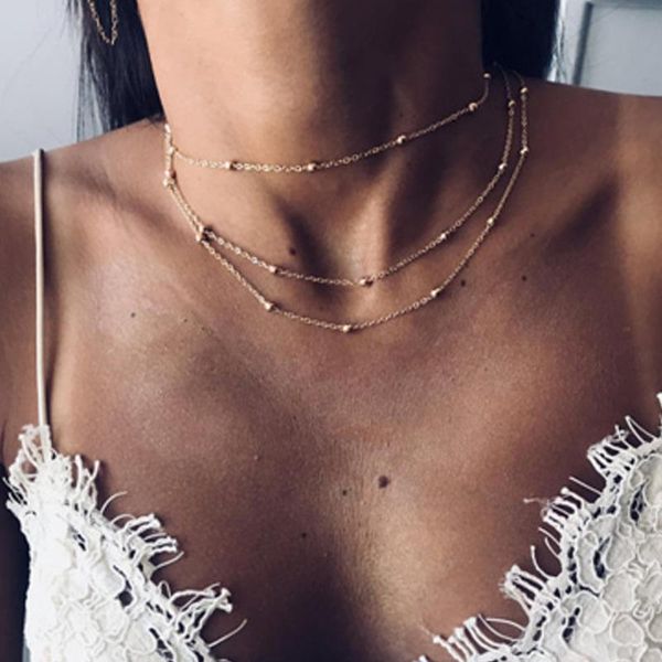 

brling new 2020 fashion ins vintage chain pendant choker round beads alloy necklace for women girls gifts party, Golden;silver