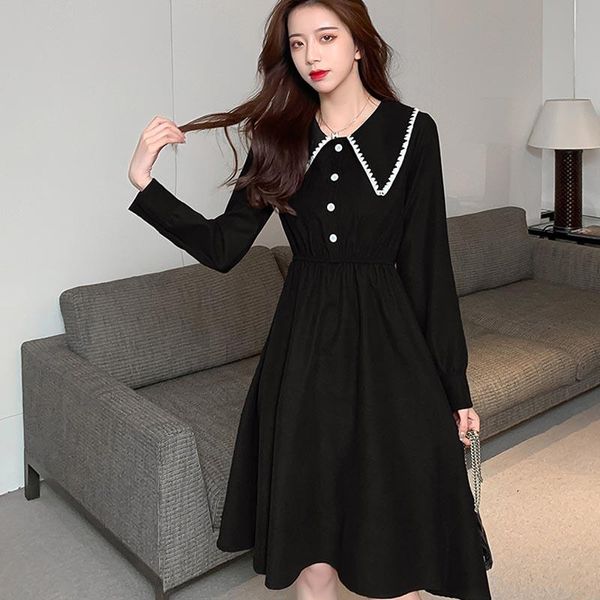 

one-piece 2020 new autumn winter women dress hepburn peter pan collar dress french vintage elastic waist temperament dresses, Black;gray