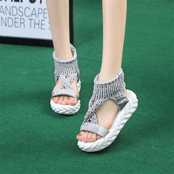 

women gladiator sandals summer flat wool shoes thick-bottomed knitting sandals solid ladies platform sandalias zapatos mujer y200405, Black