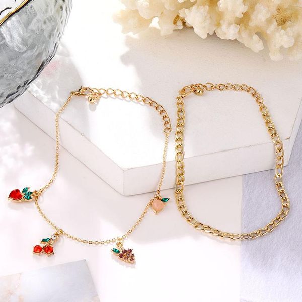 

summer crystal gold thick chain women's anklet 2020 bohemian little cherry grape pendant anklet retro beach sandals leg qylxyh, Red;blue