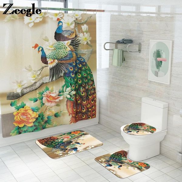 

bath mats printed animal shower curtain with mat non slip toilet seat cover waterproof bathroom microfiber foot