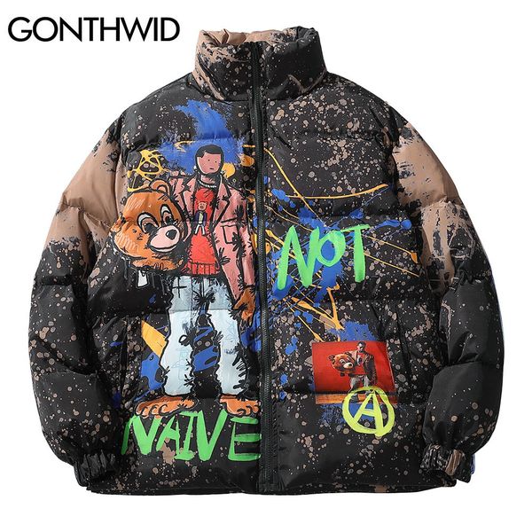 

gonthwid winter thick warm jackets streetwear hip hop graffiti ink bear print cotton padded zipper tie dye coat harajuku outwear q1217, Black