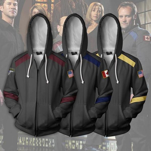 

stargate sg-1 cosplay costumes sweatshirt zipper hoodie warrior military uniforms jackets fashion sweatshirts for men, Black