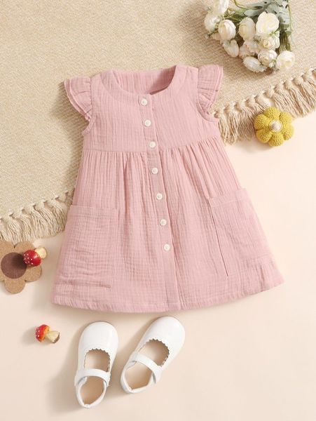 

baby dual pocket button front dress she, Red;yellow