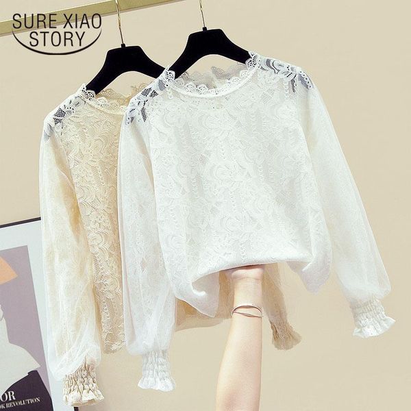

fashion button transparent mesh white shirt female sweet women lace blouse see-through lantern long sleeve blouse blusas 11142