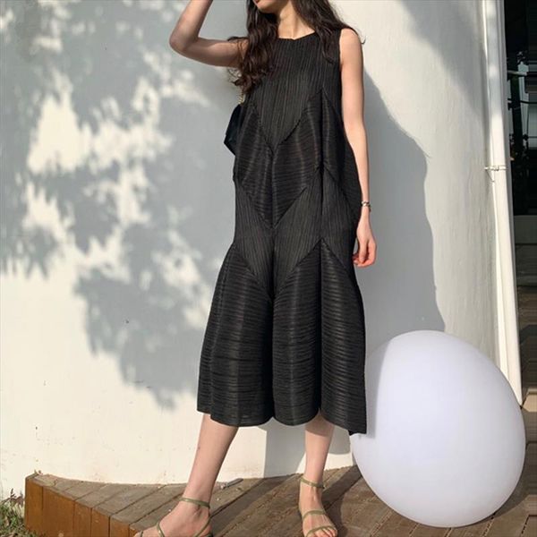 

miyake pleated dress women dresses summer 2020 long pleated lantern dress large size loose sleeveless bud women sundresses, Black;gray
