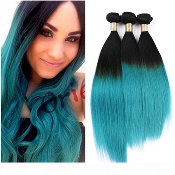 

1b green ombre hair extensions 9a two tone ombre peruvian human hair weave bundles 3 pcs lot teal ombre brazilian straight hair wefts, Black