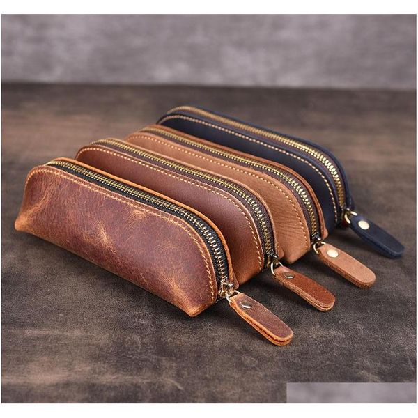 

2020 pencil case handmade leather pencil bag vintage retro zipper fountain pen brush pouch case for students yrhbw