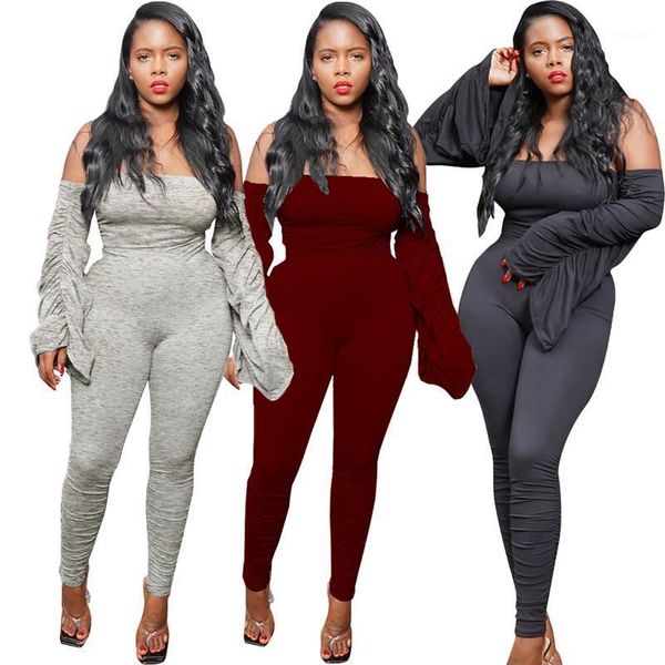 

beautiful fashion tight-fitting solid color women's pleated one-shoulder long-sleeved jumpsuit wholesale dropshpping1, Black;white