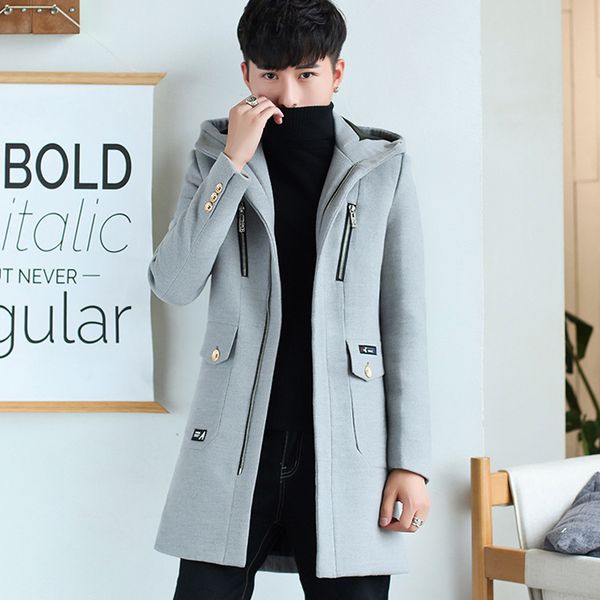 

windbreaker mid long korean autumn and cool winter trend student woollen men's coat, Tan;black