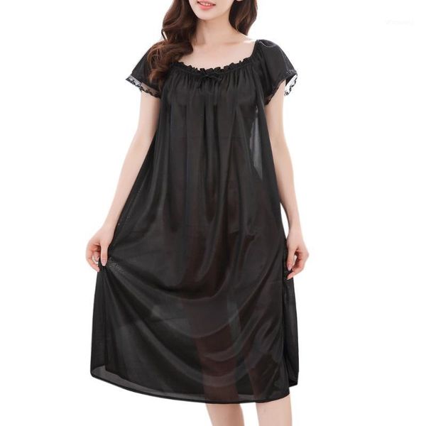 

womens summer lace ice silk nightdress short sleeve loose plus size nightgown solid color sleepshirt home clothes1, Black;red