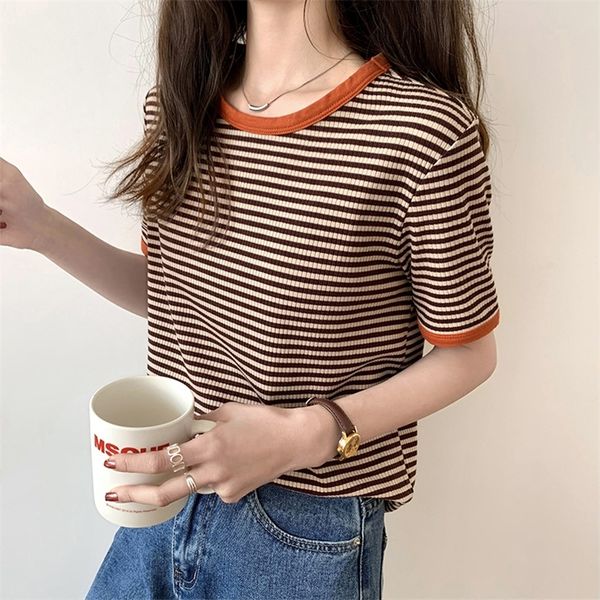 

vintage japan plus size o neck short sleeve contrast striped tshirt summer bottom clothing fashion wild tees cotton 220226, White