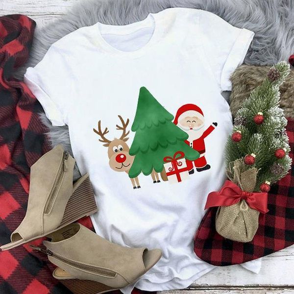 

merry christmas white fashion t-shirt women santa claus reindeer graphic print tshirt female short sleeve tee