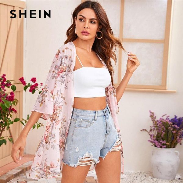 

shein flounce sleeve open front floral print chiffon kimono women summer longline ladies boho sheer kimonos, White