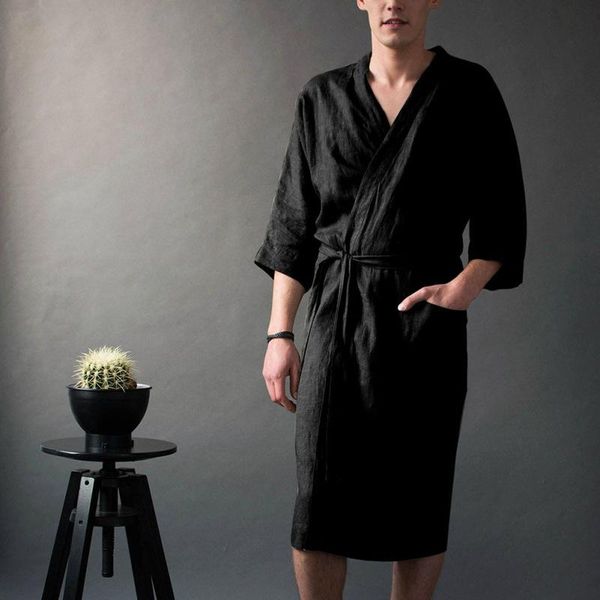 

men's long belt nightgown with pocket solid color linen nightgown five-point sleeve casual gown, Black;brown